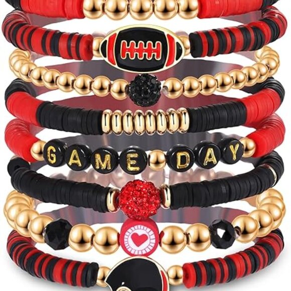 GEORGIA FOOTBALL BULLDOGS 8PC Stretch Bracelet SET Black Red Theme NEW - Picture 3 of 5